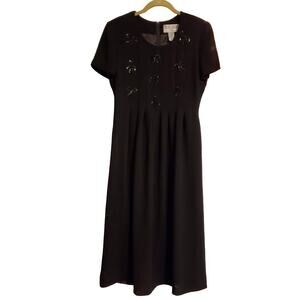 Vintage 80s 90s Short Sleeve A Line Midi Dress Black Bow Gothic Twee Whimsygoth